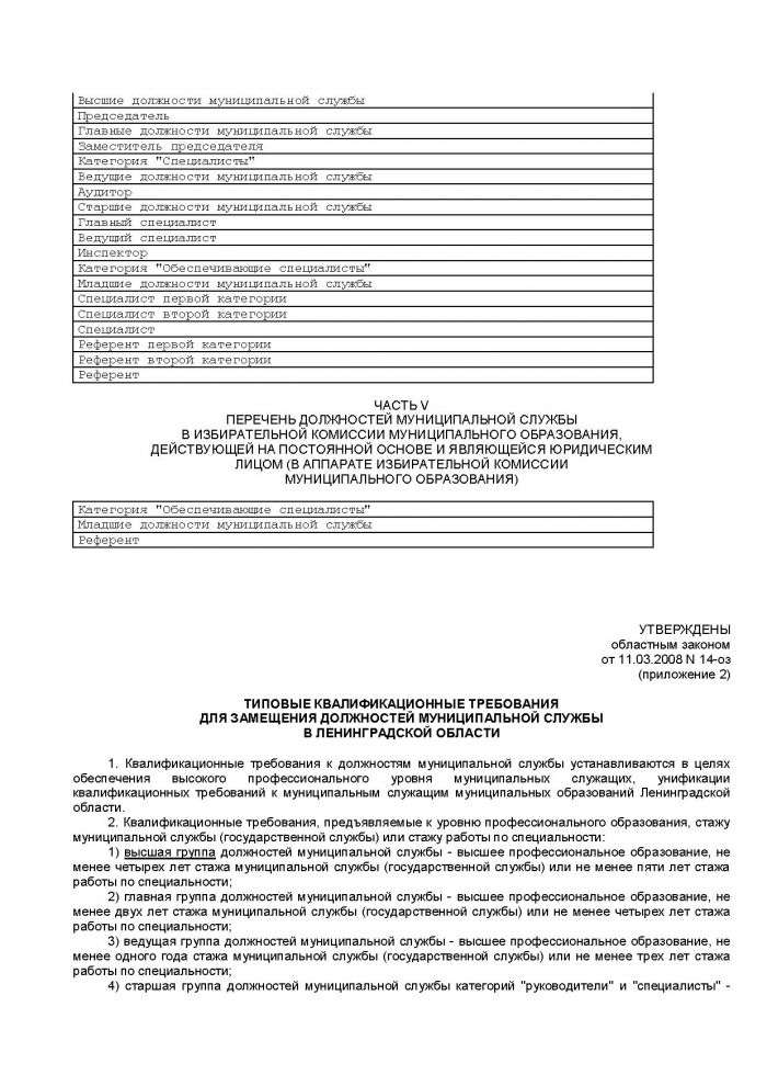 Областной закон Ленинградской области от 11.03.2008 N 14-оз (ред. от 18.04.2012) "О правовом регулировании муниципальной службы в Ленинградской области" (принят ЗС ЛО 13.02.2008)