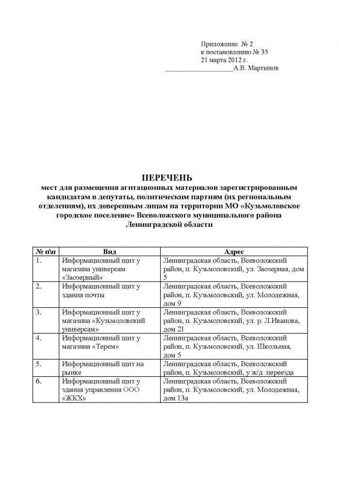 Постановление от 21.03.2012 № 35 Об определении перечня помещений для проведения встреч с избирателями и специальных мест для размещения агитационных материалов на территории МО Кузьмоловское городское поселение Всеволожского муниципального района Ленинградской области