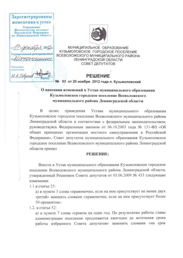 О внесении изменений в Устав муниципального образования Кузьмоловское городское поселение Всеволжского муниципального района Ленинградской области