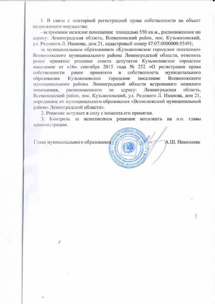 Решение от 18.03.2016 № 288 Об отмене ранее принятого решении совета депутатов от &laquo;16&raquo; сентября 2015 года № 252 &laquo;О регистрации права собственности ранее принятого в собственность муниципального образовании Кузьмоловское городское поселение Всеволожского муниципального района Ленинградской области встроенного нежилого помещении, расположенного по адресу: Ленинградская область, Всеволожский район, пос. Кузьмоловский. ул. Рядового Л. Иванова, дом 21 переданное от муниципального образования &laquo;Всеволожский муниципальный район&raquo; Ленинградской области&raquo;
